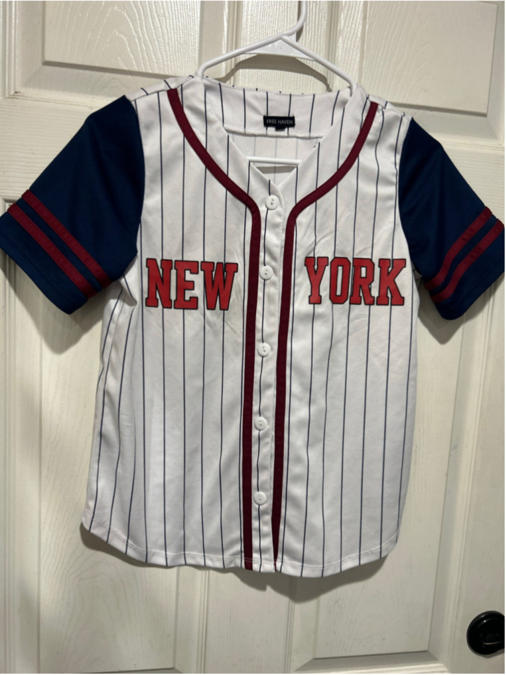 Boys Free Haven New York Baseball Jersey Size 16 White Blue Red